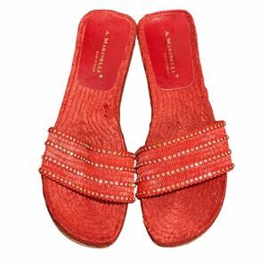 A. Marinelli size 7.5 red woven raffia espadrille slide sandals